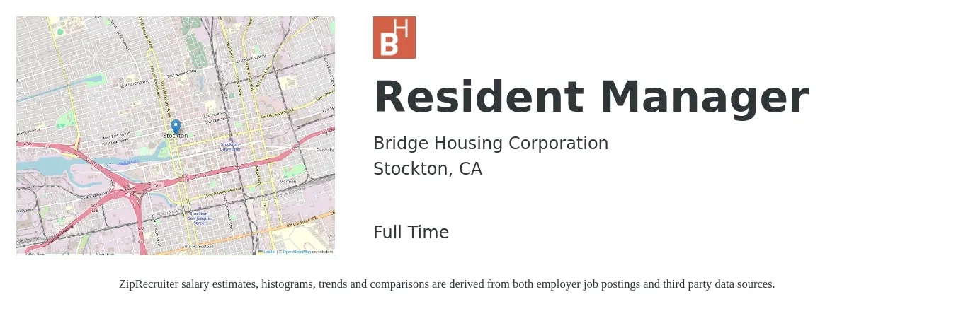 Bridge Housing Corporation job posting for a Resident Manager in Stockton, CA with a salary of $32 to $34 Hourly with a map of Stockton location.