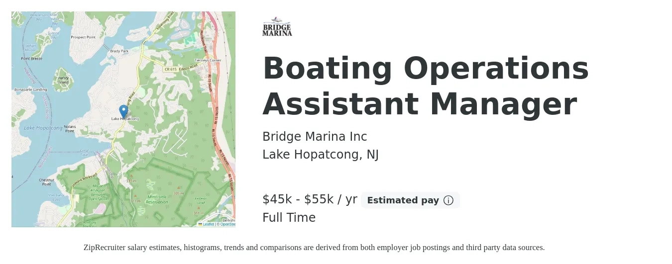Bridge Marina Inc job posting for a Boating Operations Assistant Manager in Lake Hopatcong, NJ with a salary of $45,000 to $55,000 Yearly with a map of Lake Hopatcong location.