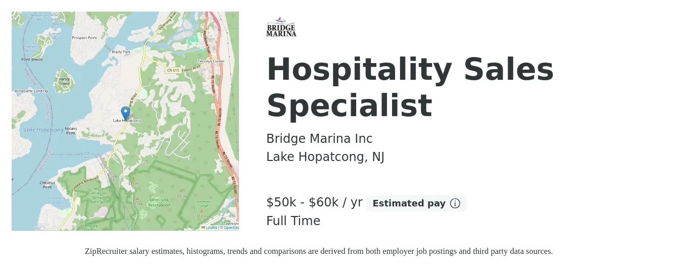 Bridge Marina Inc job posting for a Hospitality Sales Specialist in Lake Hopatcong, NJ with a salary of $50,000 to $60,000 Yearly with a map of Lake Hopatcong location.