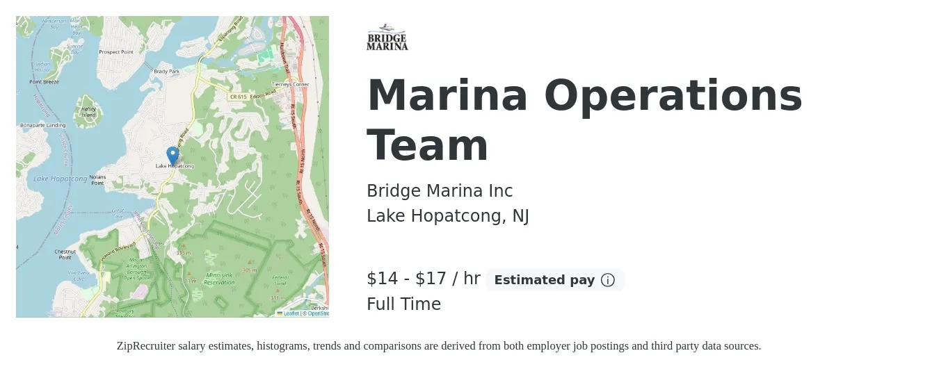 Bridge Marina Inc job posting for a Marina Operations Team in Lake Hopatcong, NJ with a salary of $16 to $22 Hourly with a map of Lake Hopatcong location.