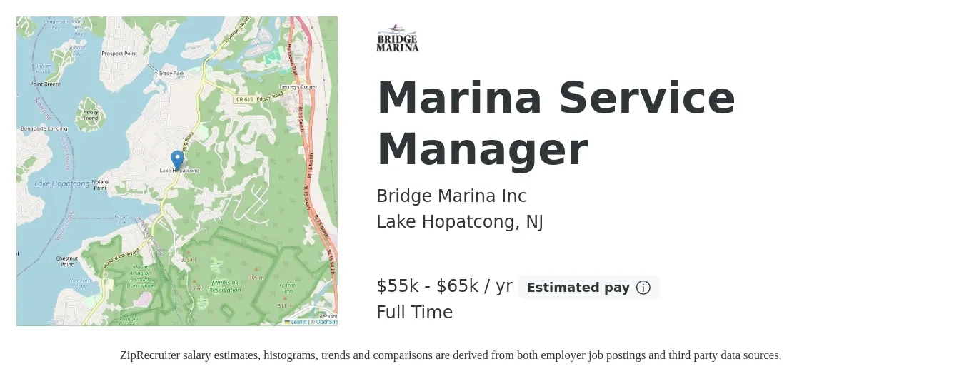 Bridge Marina Inc job posting for a Marina Service Manager in Lake Hopatcong, NJ with a salary of $55,000 to $65,000 Yearly with a map of Lake Hopatcong location.