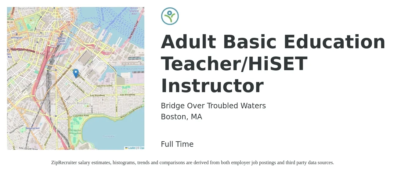 Bridge Over Troubled Waters job posting for a Adult Basic Education Teacher/HiSET Instructor in Boston, MA with a salary of $22 to $33 Hourly with a map of Boston location.