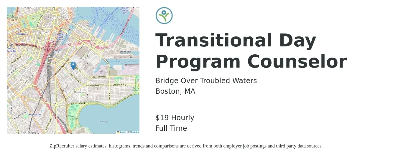 Bridge Over Troubled Waters job posting for a Transitional Day Program Counselor in Boston, MA with a salary of $20 Hourly with a map of Boston location.