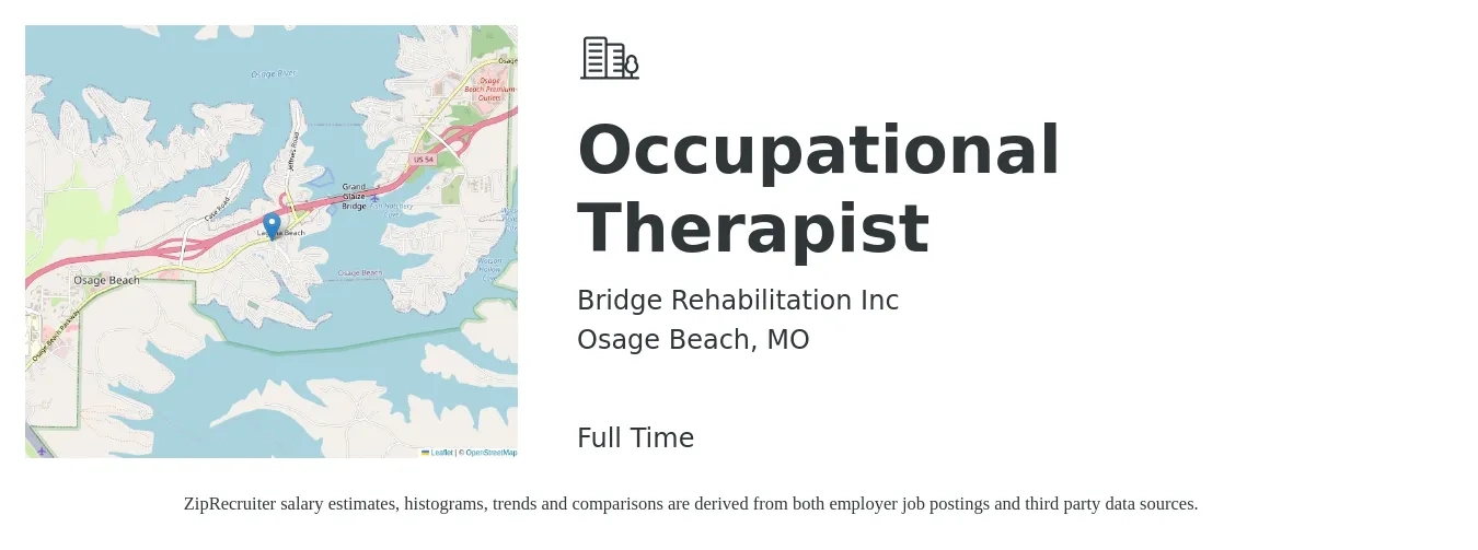 Bridge Rehabilitation Inc job posting for a Occupational Therapist in Osage Beach, MO with a salary of $38 to $50 Hourly with a map of Osage Beach location.