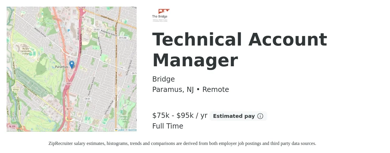 Bridge job posting for a Technical Account Manager in Paramus, NJ with a salary of $75,000 to $95,000 Yearly with a map of Paramus location.