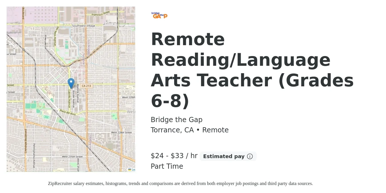 Bridge the Gap job posting for a Remote Reading/Language Arts Teacher (Grades 6-8) in Torrance, CA with a salary of $25 to $35 Hourly with a map of Torrance location.