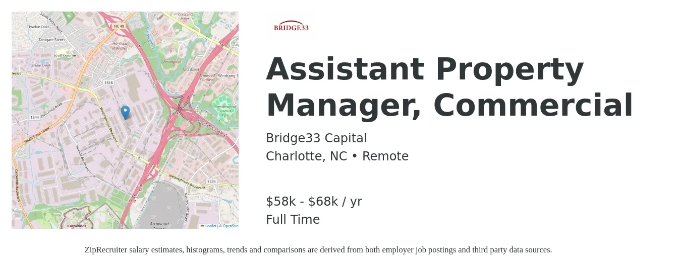 Bridge33 Capital job posting for a Assistant Property Manager, Commercial in Charlotte, NC with a salary of $58,000 to $68,000 Yearly with a map of Charlotte location.