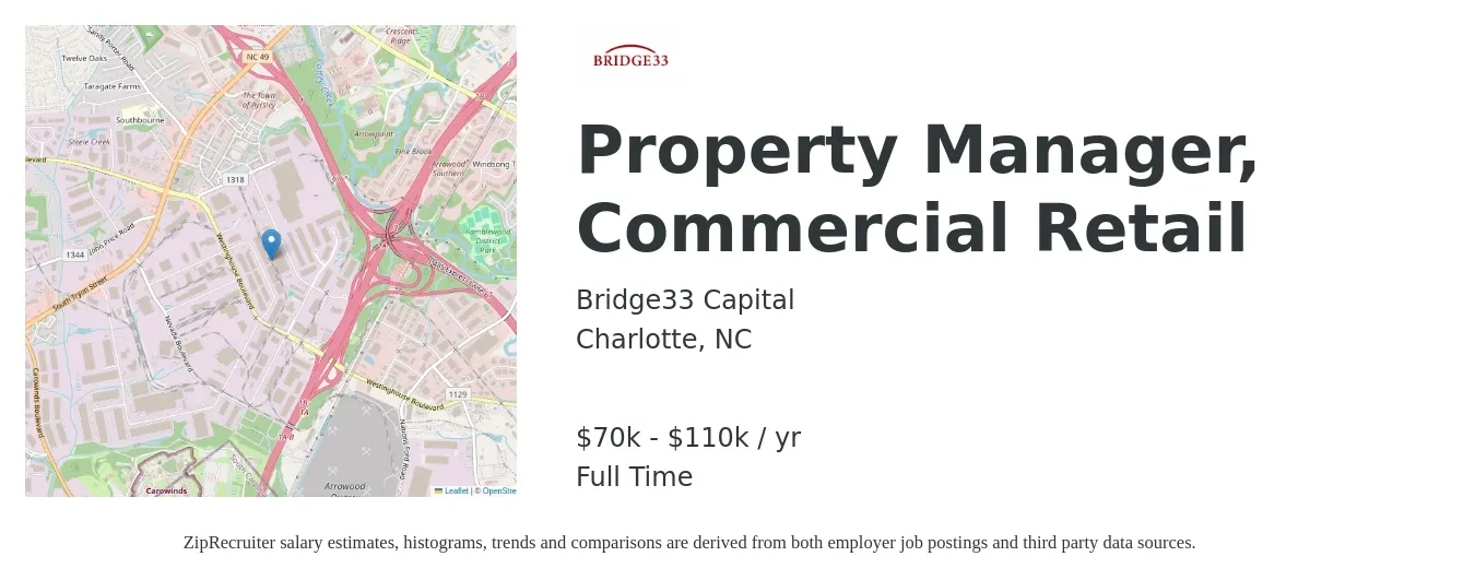 Bridge33 Capital job posting for a Property Manager, Commercial Retail in Charlotte, NC with a salary of $70,000 to $110,000 Yearly with a map of Charlotte location.