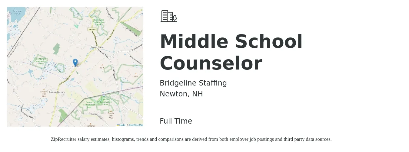 Bridgeline Staffing job posting for a Middle School Counselor in Newton, NH with a salary of $49,900 to $73,300 Yearly with a map of Newton location.