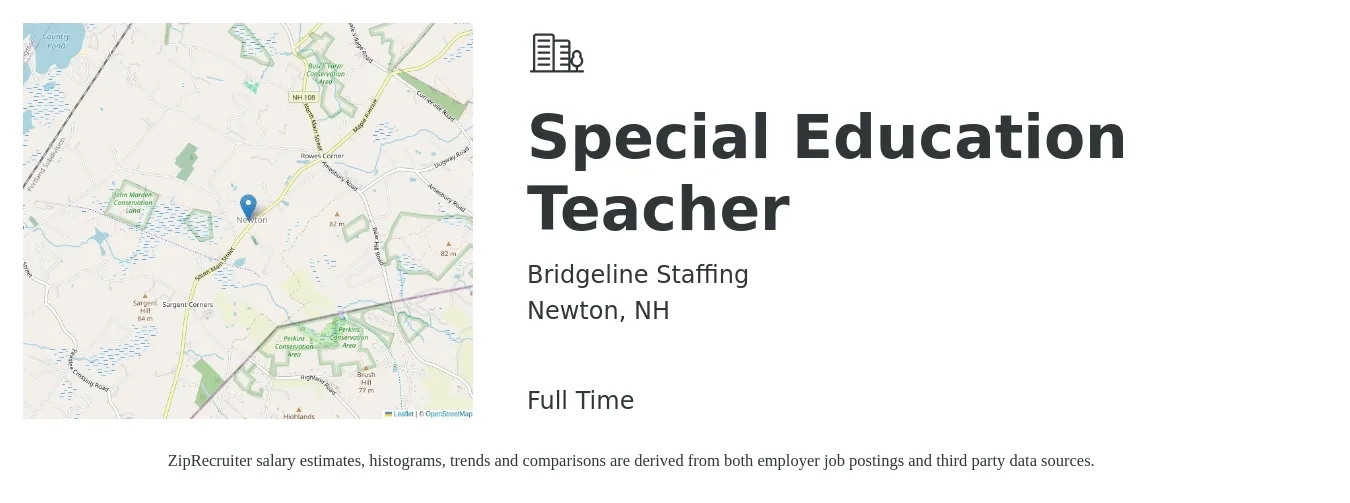 Bridgeline Staffing job posting for a Special Education Teacher in Newton, NH with a salary of $52,000 to $68,700 Yearly with a map of Newton location.