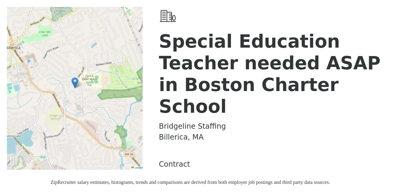 Bridgeline Staffing job posting for a Special Education Teacher needed ASAP in Boston Charter School in Billerica, MA with a salary of $53,100 to $70,100 Yearly with a map of Billerica location.