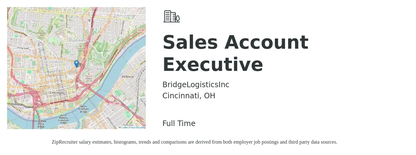 BridgeLogisticsInc job posting for a Sales Account Executive in Cincinnati, OH with a salary of $51,400 to $80,700 Yearly with a map of Cincinnati location.