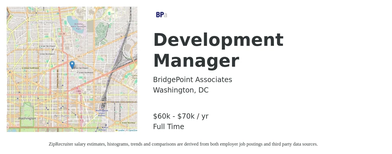BridgePoint Associates job posting for a Development Manager in Washington, DC with a salary of $60,000 to $70,000 Yearly with a map of Washington location.