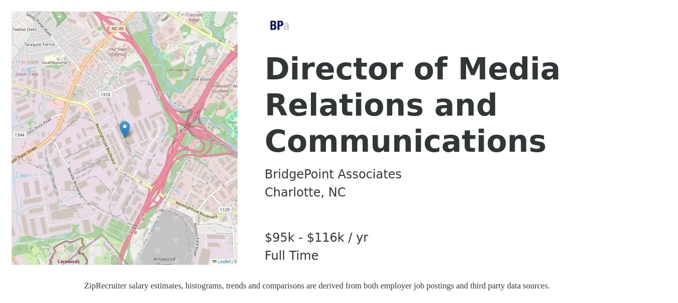 BridgePoint Associates job posting for a Director of Media Relations and Communications in Charlotte, NC with a salary of $95,000 to $116,250 Yearly with a map of Charlotte location.
