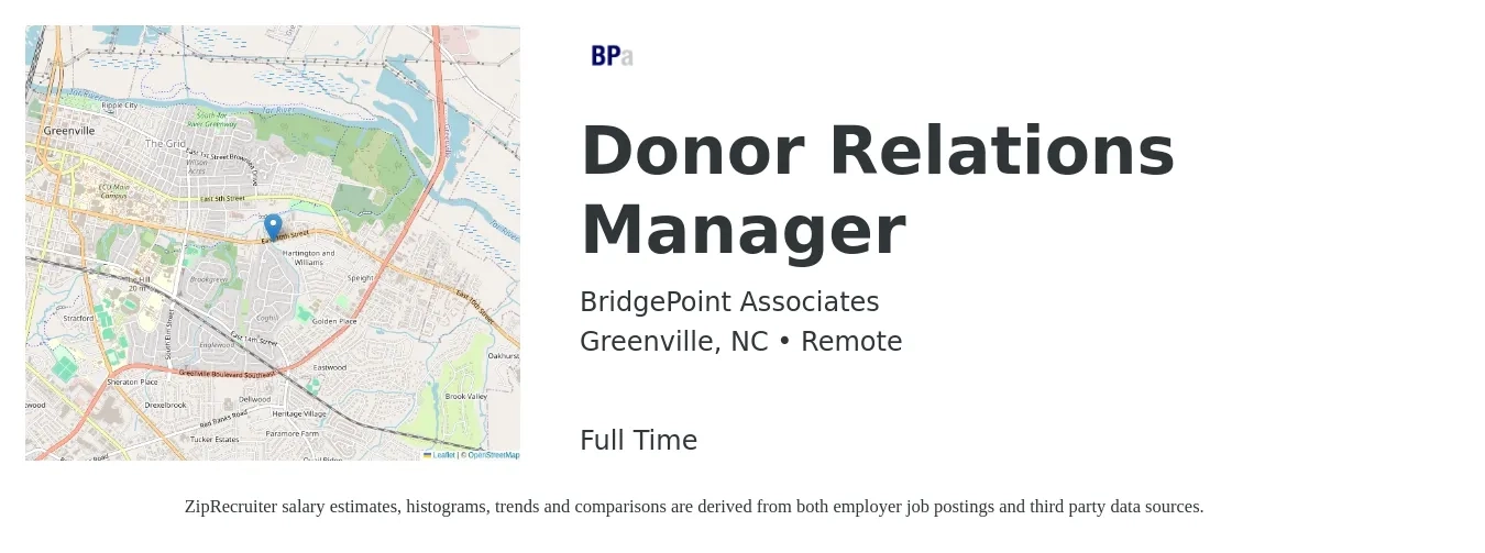 BridgePoint Associates job posting for a Donor Relations Manager in Greenville, NC with a salary of $46,500 to $67,100 Yearly with a map of Greenville location.