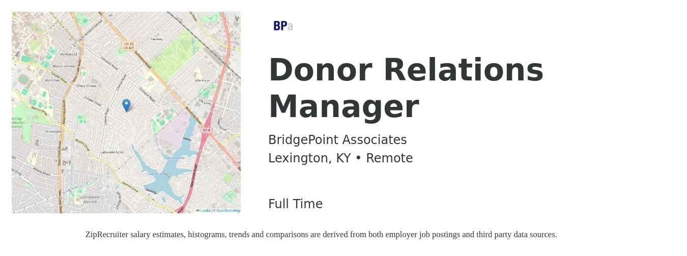BridgePoint Associates job posting for a Donor Relations Manager in Lexington, KY with a salary of $47,800 to $69,000 Yearly with a map of Lexington location.