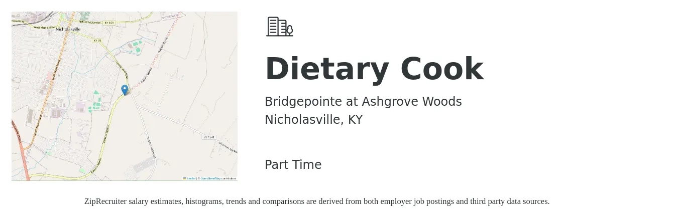 Bridgepointe at Ashgrove Woods job posting for a Dietary Cook in Nicholasville, KY with a salary of $12 to $16 Hourly with a map of Nicholasville location.