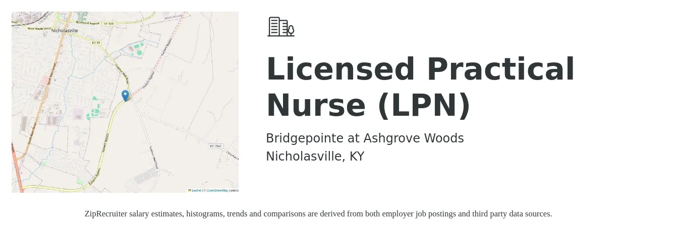Bridgepointe at Ashgrove Woods job posting for a Licensed Practical Nurse (LPN) in Nicholasville, KY with a salary of $23 to $31 Hourly with a map of Nicholasville location.