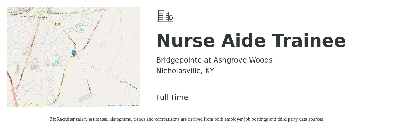 Bridgepointe at Ashgrove Woods job posting for a Nurse Aide Trainee in Nicholasville, KY with a salary of $11 to $15 Hourly with a map of Nicholasville location.