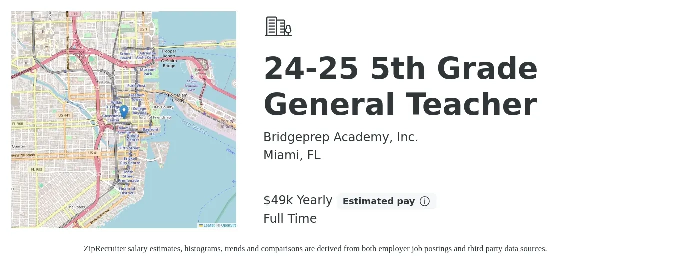 Bridgeprep Academy, Inc. job posting for a 24-25 5th Grade General Teacher in Miami, FL with a salary of $49,645 Yearly with a map of Miami location.