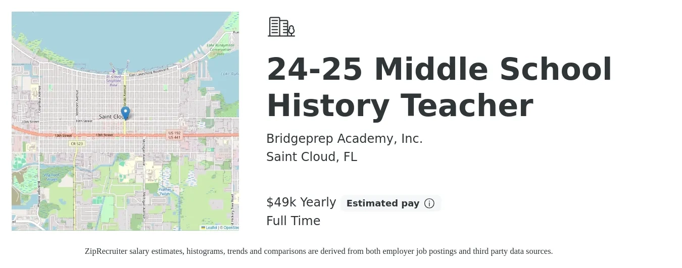 Bridgeprep Academy, Inc. job posting for a 24-25 Middle School History Teacher in Saint Cloud, FL with a salary of $49,419 Yearly with a map of Saint Cloud location.