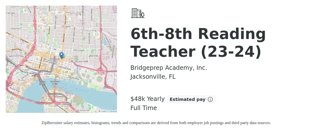 Bridgeprep Academy, Inc. job posting for a 6th-8th Reading Teacher (23-24) in Jacksonville, FL with a salary of $48,450 Yearly with a map of Jacksonville location.