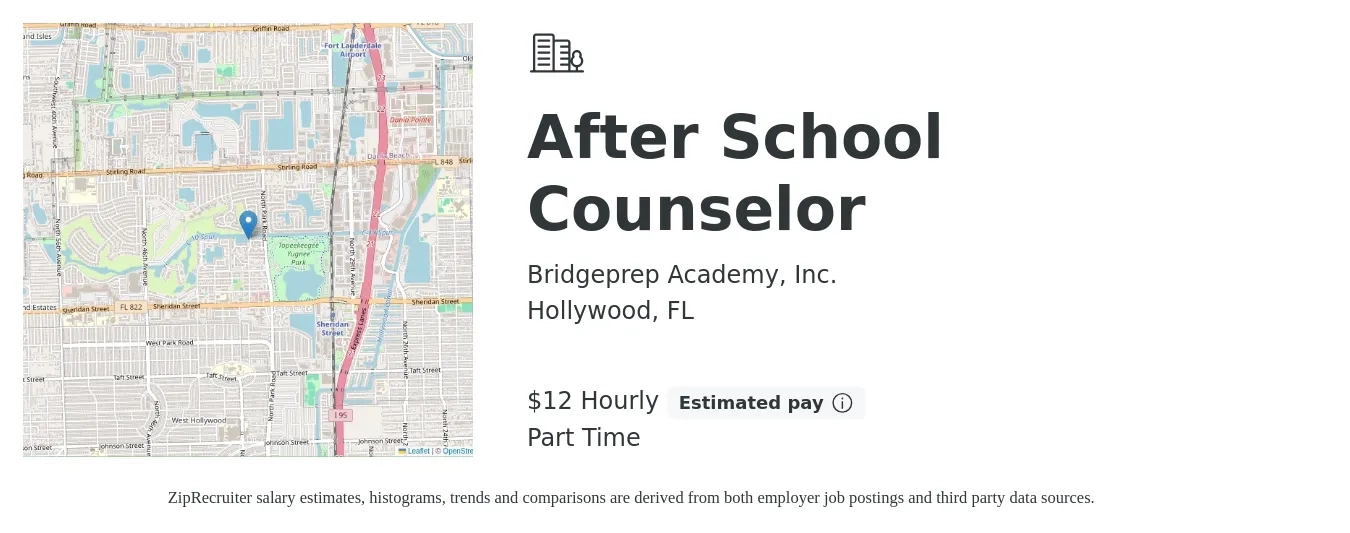 Bridgeprep Academy, Inc. job posting for a After School Counselor in Hollywood, FL with a salary of $14 Hourly with a map of Hollywood location.