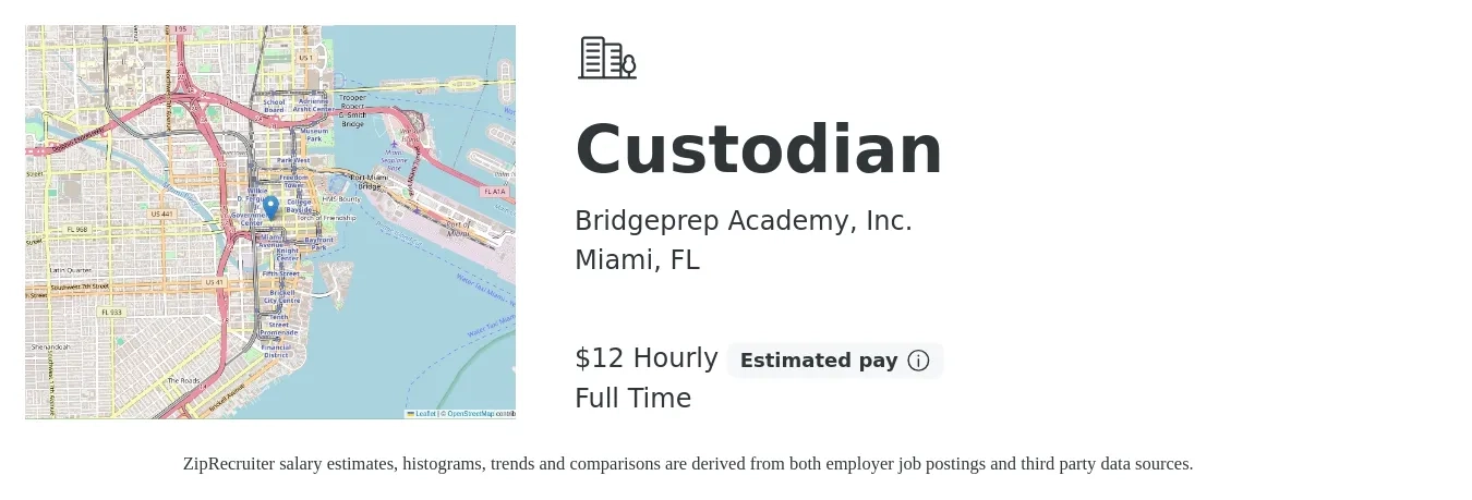 Bridgeprep Academy, Inc. job posting for a Custodian in Miami, FL with a salary of $13 to $14 Hourly with a map of Miami location.