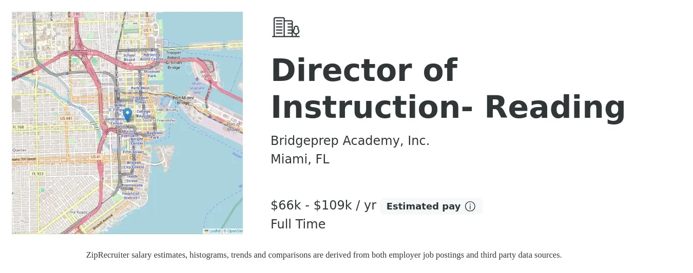 Bridgeprep Academy, Inc. job posting for a Director of Instruction- Reading in Miami, FL with a salary of $90,000 to $110,000 Yearly with a map of Miami location.