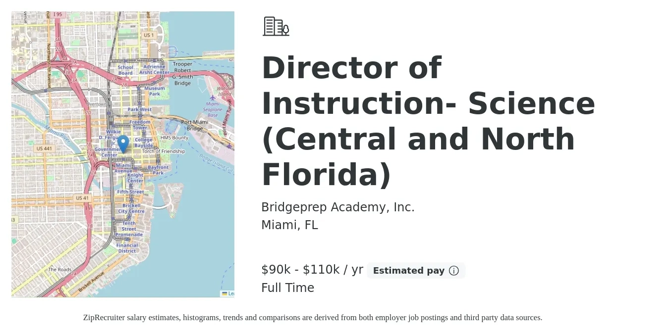 Bridgeprep Academy, Inc. job posting for a Director of Instruction- Science (Central and North Florida) in Miami, FL with a salary of $90,000 to $110,000 Yearly with a map of Miami location.