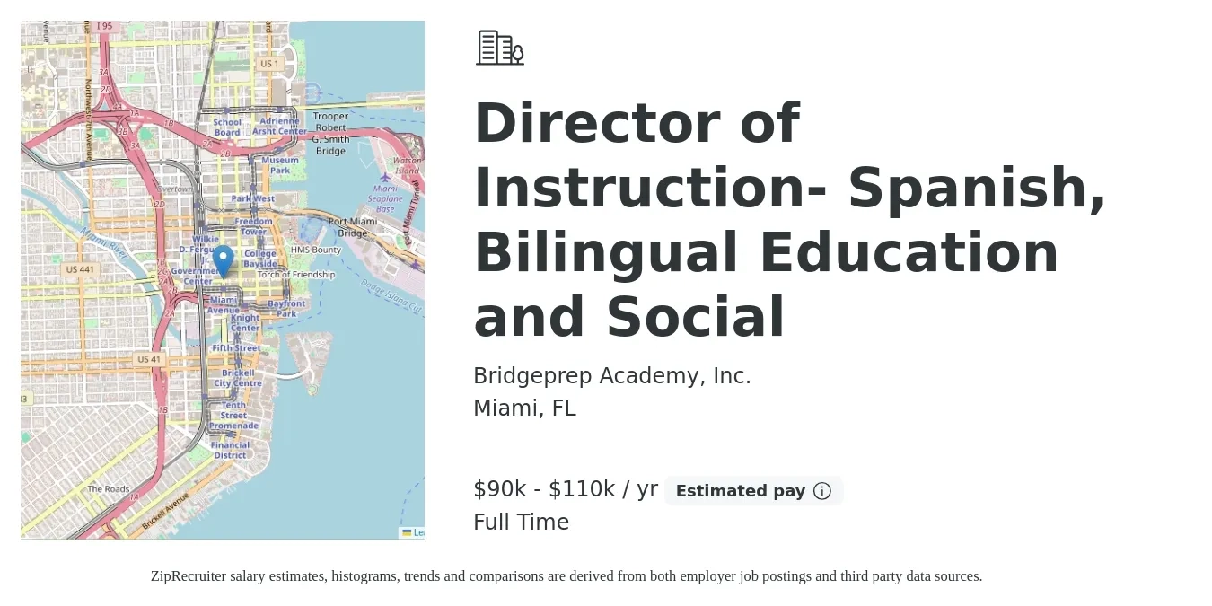 Bridgeprep Academy, Inc. job posting for a Director of Instruction- Spanish, Bilingual Education and Social in Miami, FL with a salary of $90,000 to $110,000 Yearly with a map of Miami location.