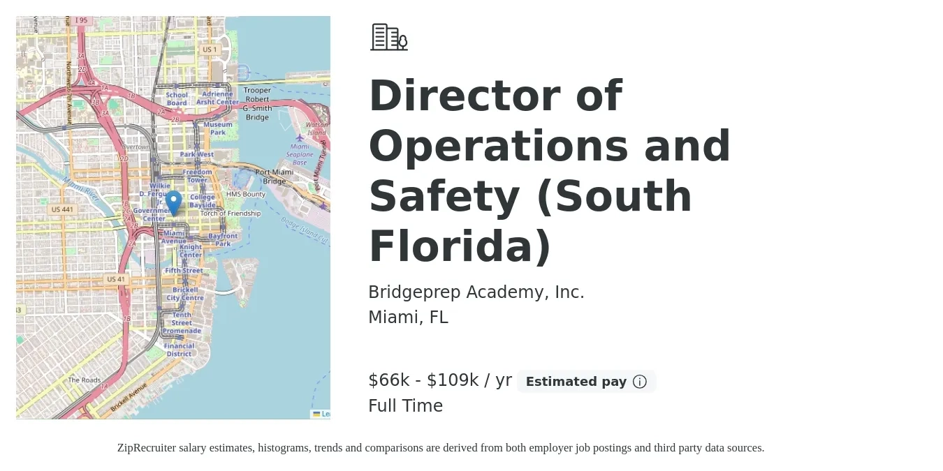 Bridgeprep Academy, Inc. job posting for a Director of Operations and Safety (South Florida) in Miami, FL with a salary of $90,000 to $110,000 Yearly with a map of Miami location.