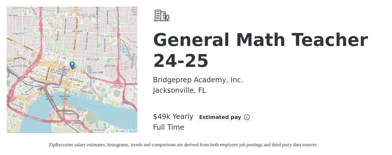 Bridgeprep Academy, Inc. job posting for a General Math Teacher 24-25 in Jacksonville, FL with a salary of $49,419 Yearly with a map of Jacksonville location.