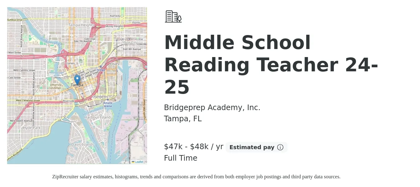 Bridgeprep Academy, Inc. job posting for a Middle School Reading Teacher 24-25 in Tampa, FL with a salary of $47,940 to $48,899 Yearly with a map of Tampa location.