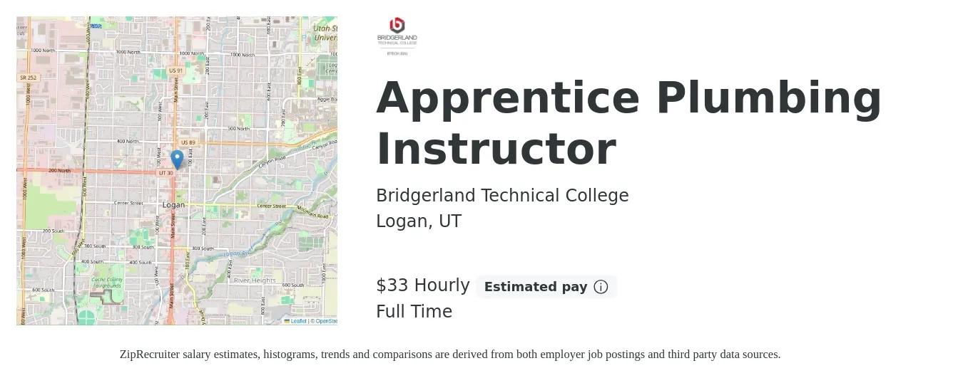 Bridgerland Technical College job posting for a Apprentice Plumbing Instructor in Logan, UT with a salary of $35 Hourly with a map of Logan location.