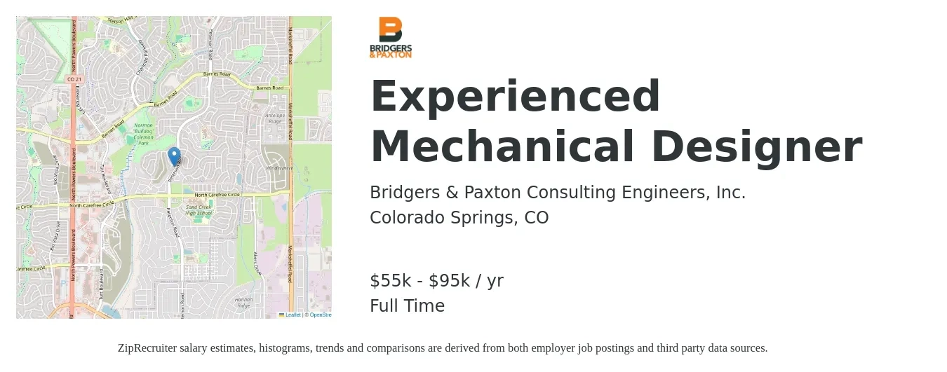 Bridgers & Paxton Consulting Engineers, Inc. job posting for a Experienced Mechanical Designer in Colorado Springs, CO with a salary of $55,000 to $95,000 Yearly with a map of Colorado Springs location.