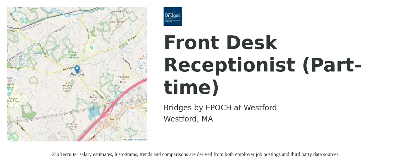 Bridges by EPOCH at Westford job posting for a Front Desk Receptionist (Part-time) in Westford, MA with a salary of $16 to $20 Hourly with a map of Westford location.