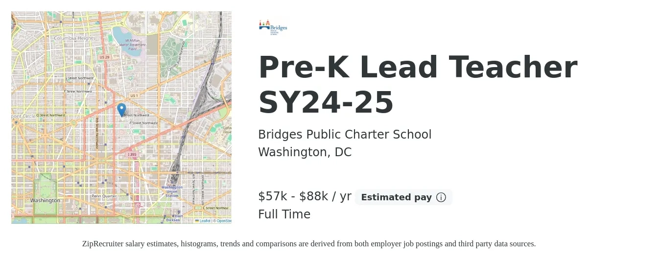 Bridges Public Charter School job posting for a Pre-K Lead Teacher SY24-25 in Washington, DC with a salary of $57,500 to $88,500 Yearly with a map of Washington location.