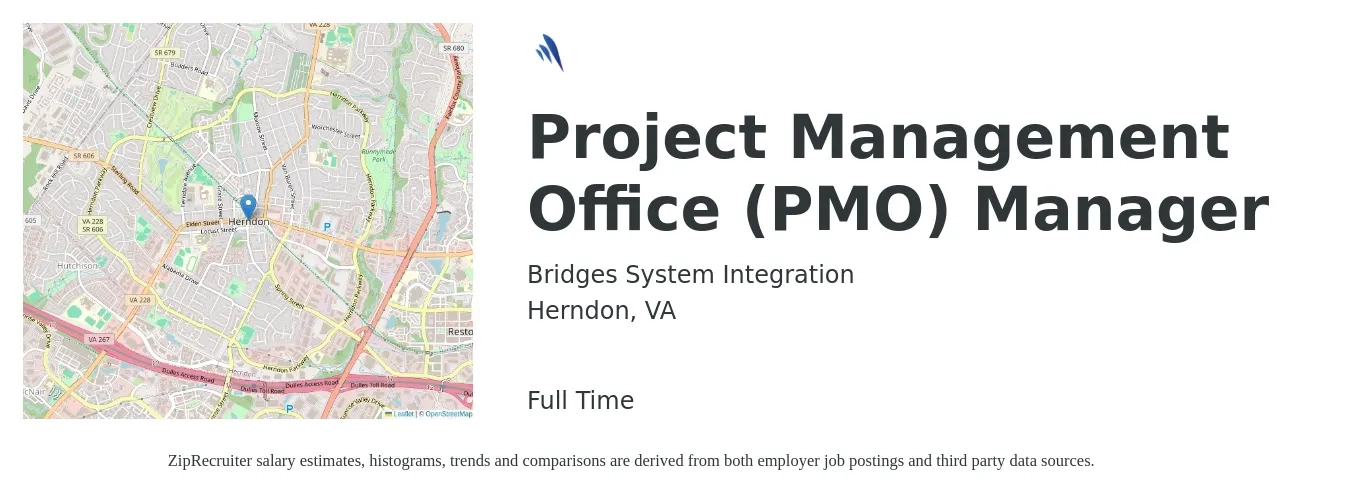 Bridges System Integration job posting for a Project Management Office (PMO) Manager in Herndon, VA with a salary of $135,600 to $154,100 Yearly with a map of Herndon location.