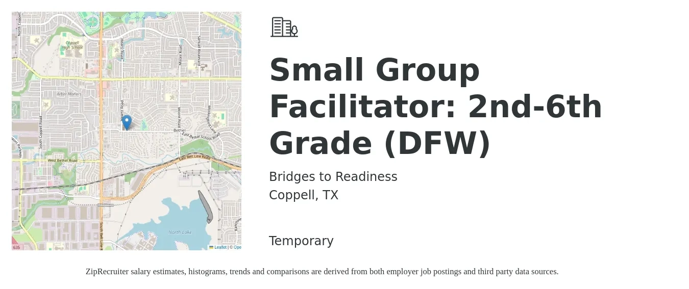 Bridges to Readiness job posting for a Small Group Facilitator: 2nd-6th Grade (DFW) in Coppell, TX with a salary of $4,000 to $4,600 Monthly with a map of Coppell location.