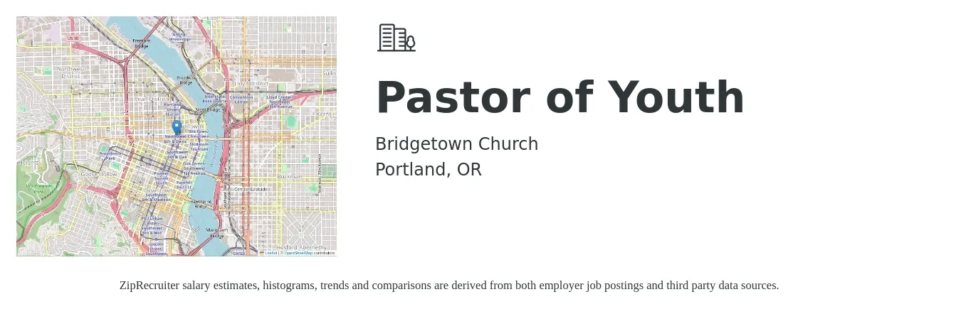 Bridgetown Church job posting for a Pastor of Youth in Portland, OR with a salary of $44,500 to $61,900 Yearly with a map of Portland location.