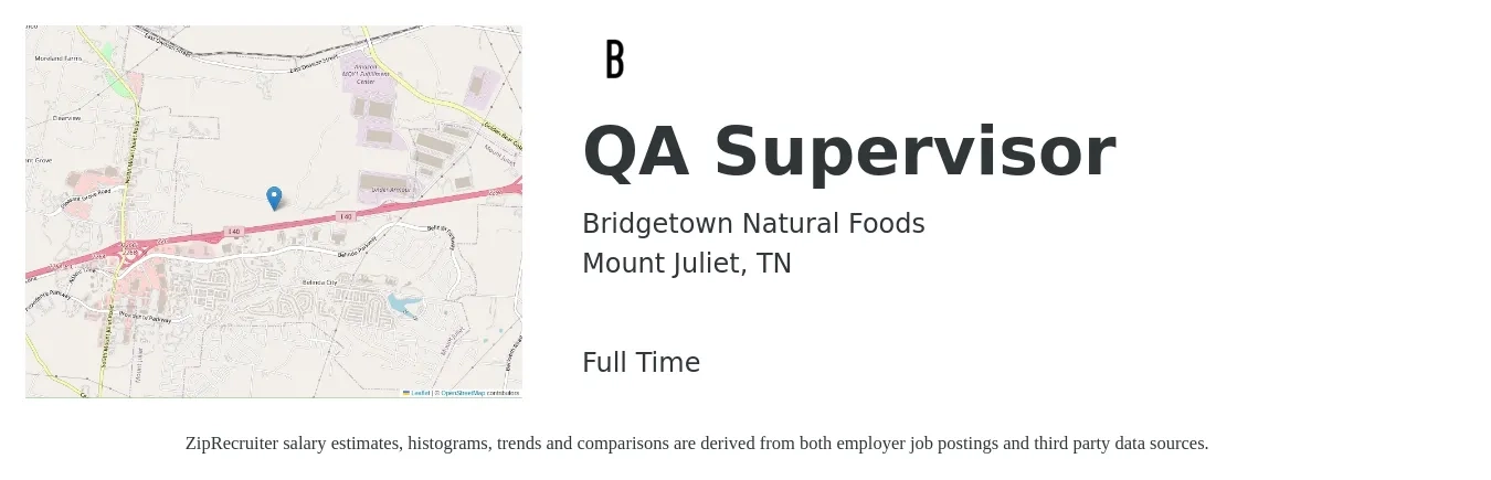 Bridgetown Natural Foods job posting for a QA Supervisor in Mount Juliet, TN with a salary of $78,400 to $136,500 Yearly with a map of Mount Juliet location.