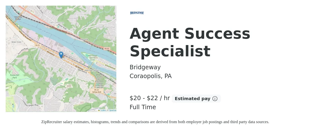 Bridgeway job posting for a Agent Success Specialist in Coraopolis, PA with a salary of $36,700 to $70,600 Yearly with a map of Coraopolis location.