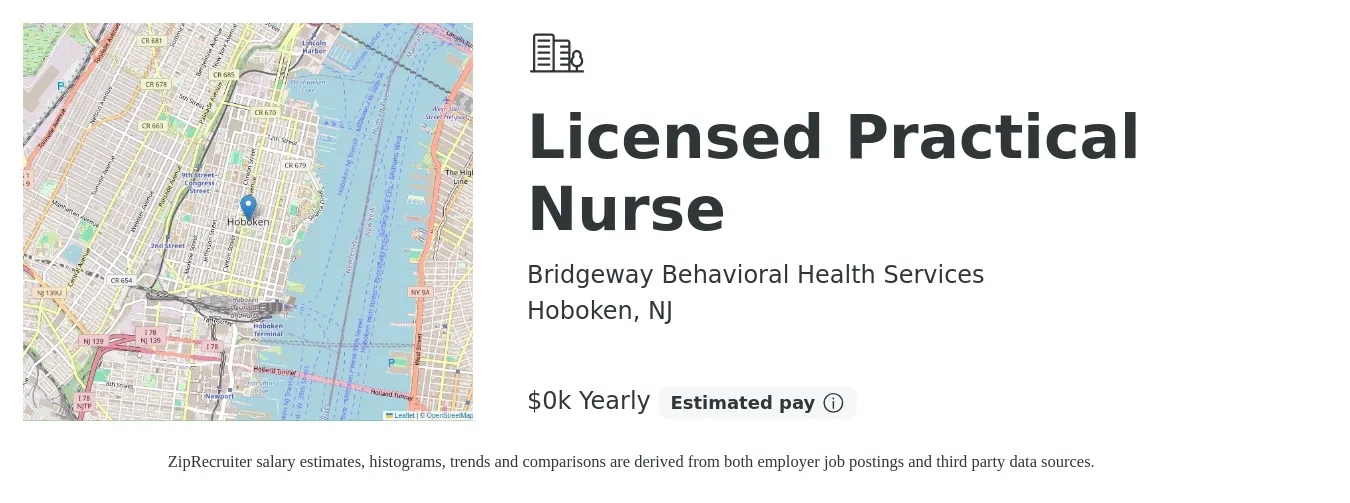 Bridgeway Behavioral Health Services job posting for a Licensed Practical Nurse in Hoboken, NJ with a salary of $32 to $34 Yearly with a map of Hoboken location.