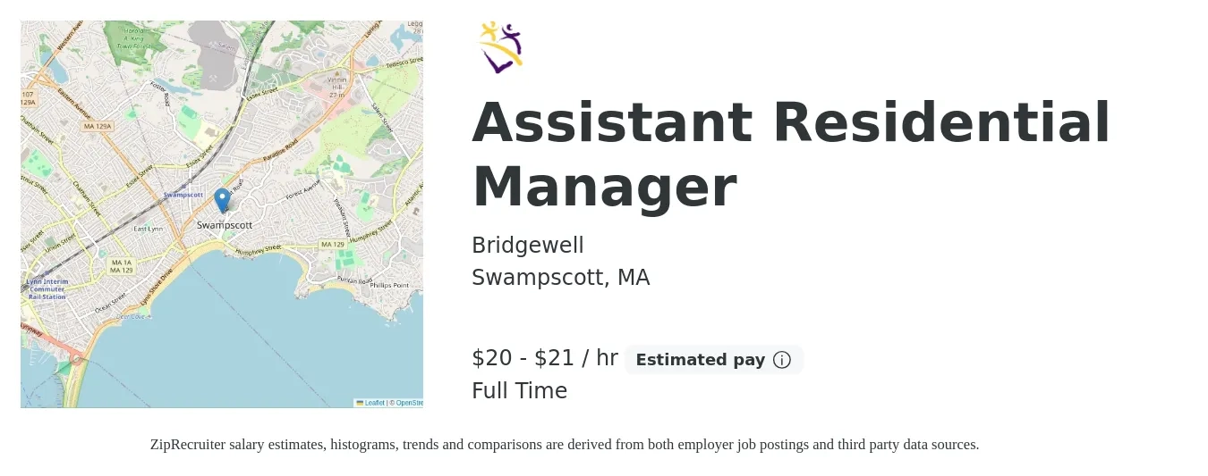 Bridgewell job posting for a Assistant Residential Manager in Swampscott, MA with a salary of $21 to $22 Hourly with a map of Swampscott location.
