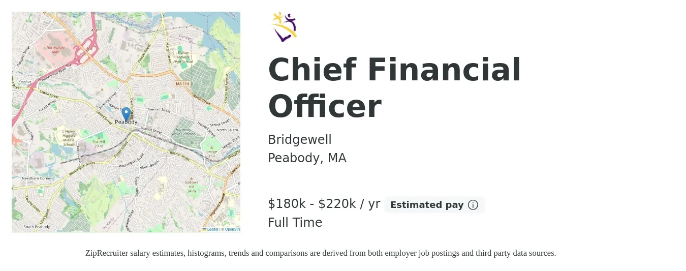 Bridgewell job posting for a Chief Financial Officer in Peabody, MA with a salary of $180,000 to $220,000 Yearly with a map of Peabody location.