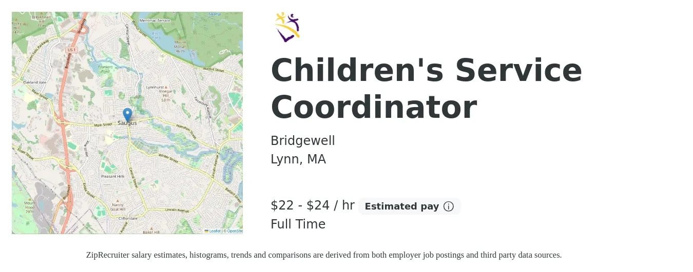 Bridgewell job posting for a Children's Service Coordinator in Lynn, MA with a salary of $23 to $25 Hourly with a map of Lynn location.