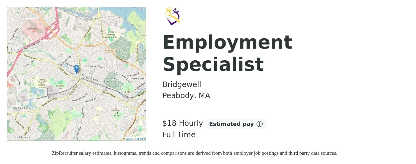 Bridgewell job posting for a Employment Specialist in Peabody, MA with a salary of $19 to $19 Hourly with a map of Peabody location.