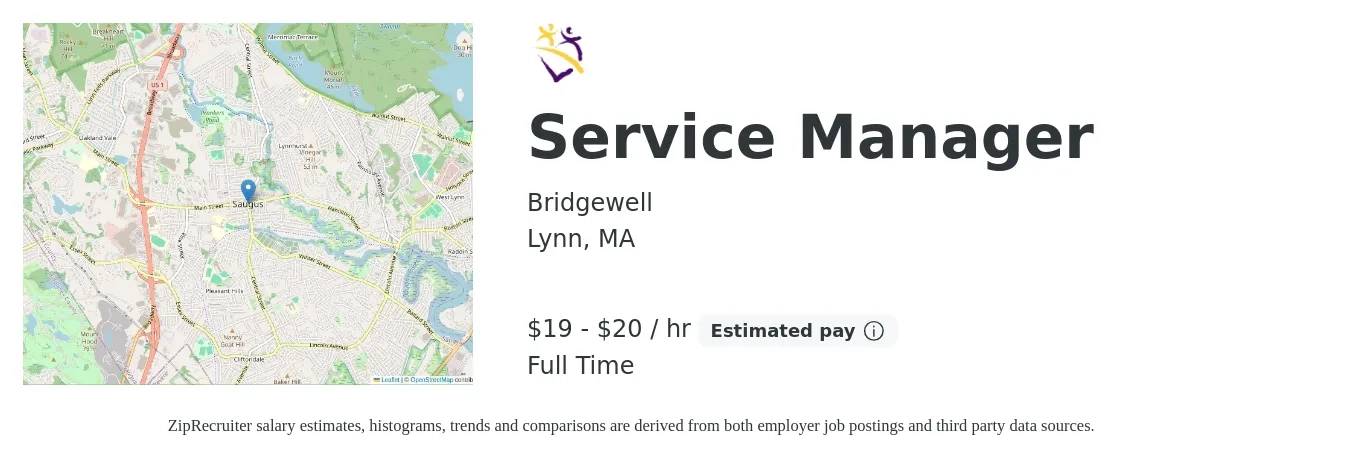 Bridgewell job posting for a Service Manager in Lynn, MA with a salary of $20 to $21 Hourly with a map of Lynn location.