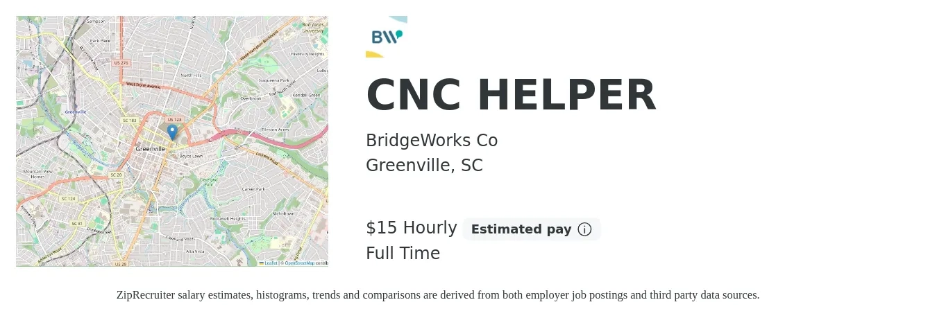 BridgeWorks job posting for a CNC Helper in Greenville, SC with a salary of $16 Hourly with a map of Greenville location.